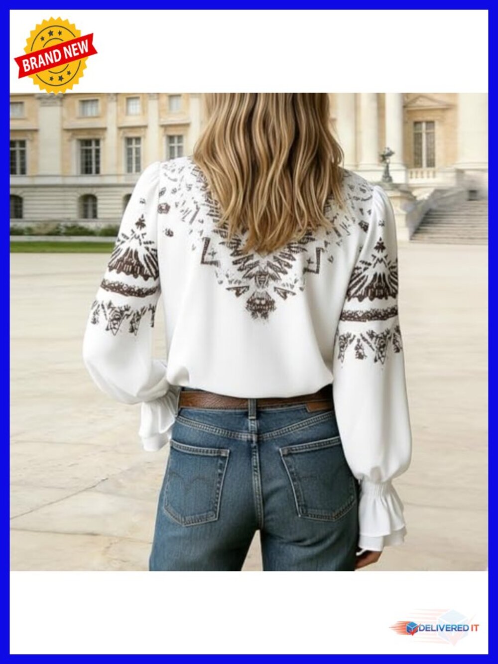 Boho Paisley Long Sleeve Ruffled Cuff Button Down Blouse - Picture 3 of 6